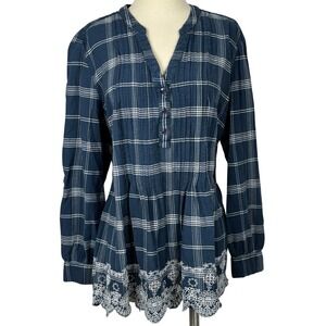 Boho Plaid Tunic Women L Blue Embroidered Lace Hem Cottagecore Pintuck Roll Tab